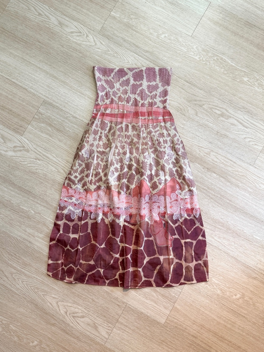 Lapis Boho Smocked Animal Print Giraffe Abstract Midi Strapless Dress, One size